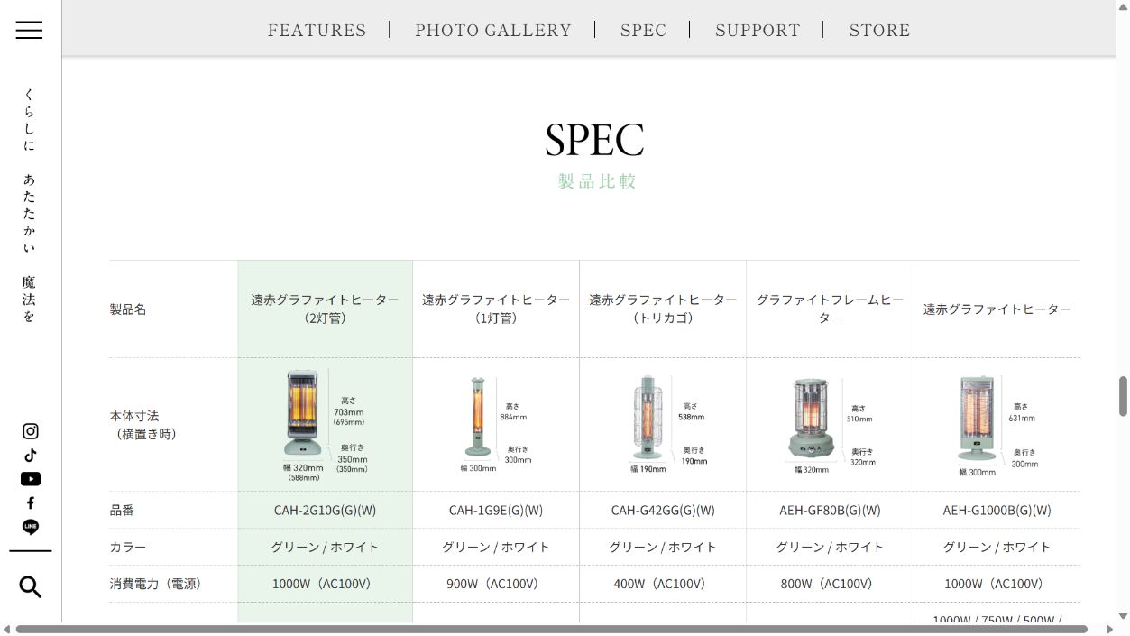 アラジン公式サイトの電気ヒーター製品比較表
