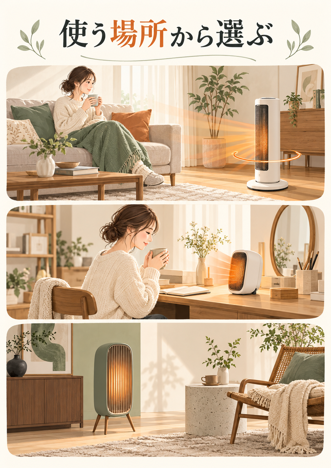 使う場所からアラジンの電気ヒーターを選ぶイメージ
